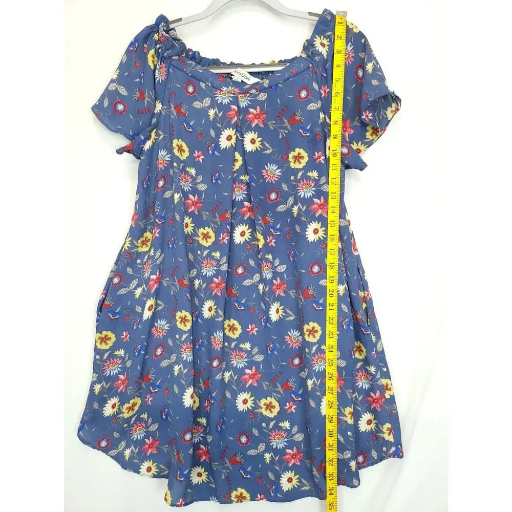 Davi &‎ Dani Blue Floral Shift Tunic Dress Women L Pleated Front Lined Flowey